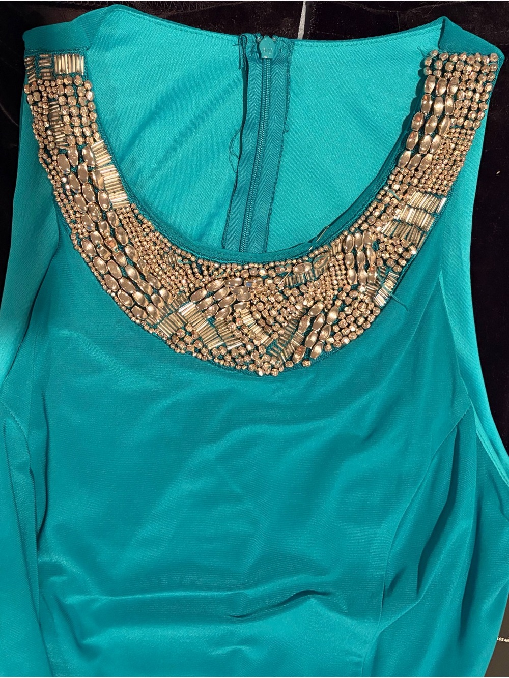 Embellished Teal Sleeveless Dress with Beaded Neckline